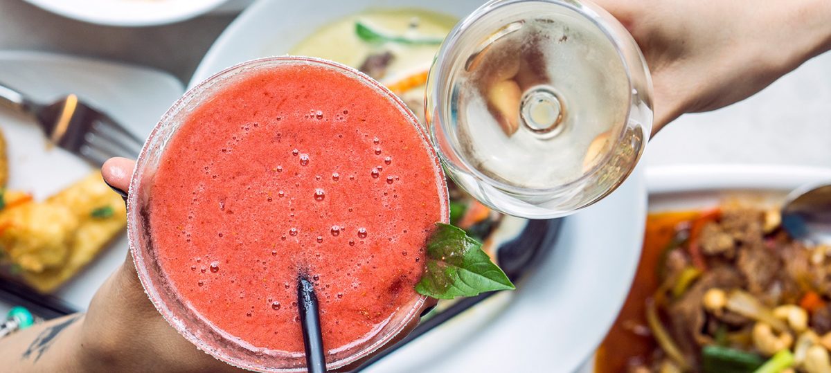 Strawberry smoothie and white wine.