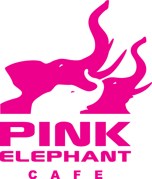 Pink Elephant Cafe logo with elephants.